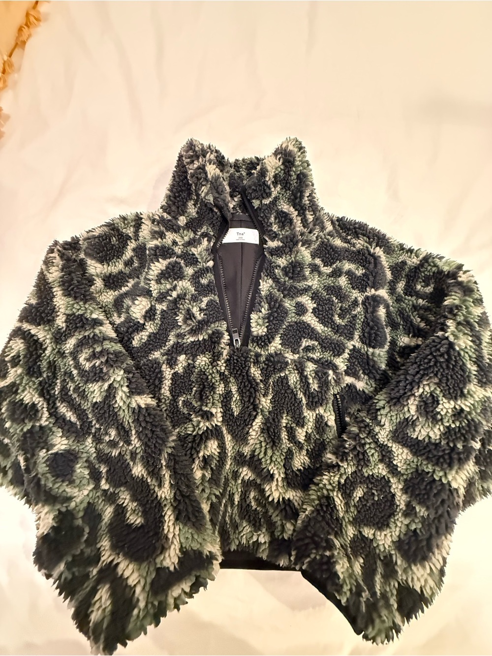 TNA Leopard-Print Sherpa Half-Zip in Black and Sage
